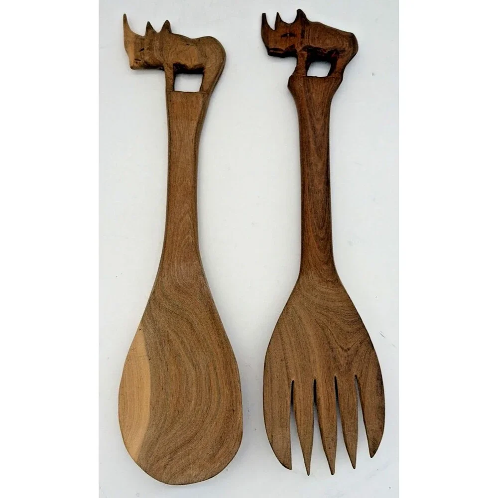 Vintage Hand Carved African Wood Rhinoceros Salad Server Set Black & White Rhino